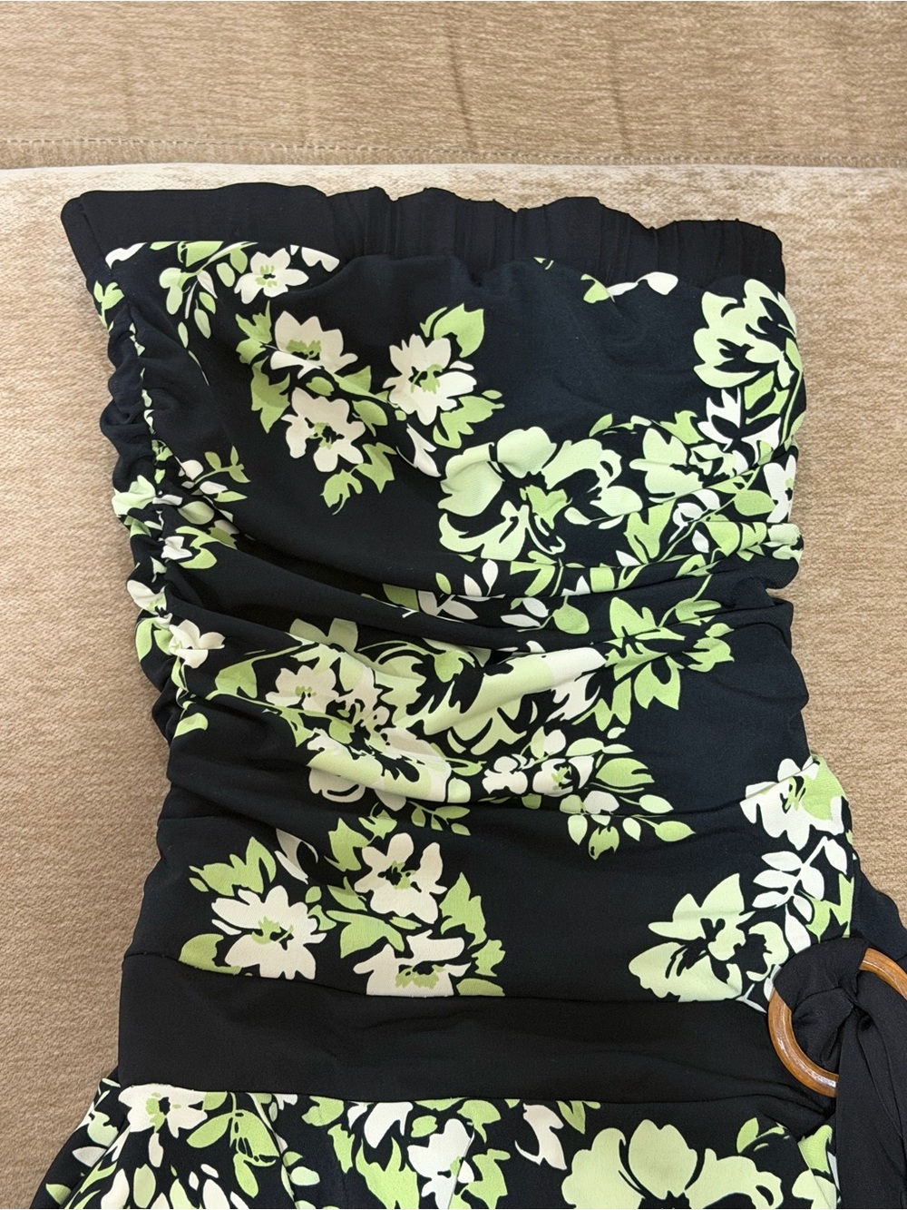 Y2K Speechless Strapless Black Floral Ruffled Dress with Green & White Print - Picture 5 of 6